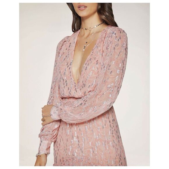 Ramy Brook Ora Metallic Print Maxi Dress Sz SP Pink Long Sleeve Crossover V-Neck - Picture 2 of 16